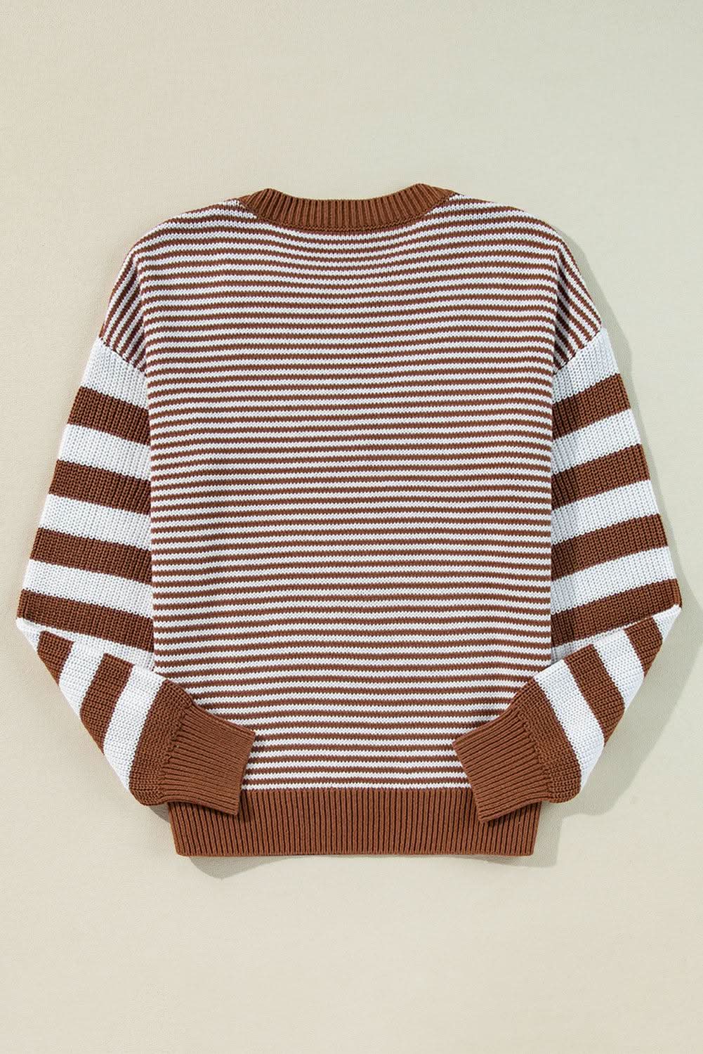 Brown Stripe Geometric Textured Drop Shoulder Sweater - Love Salve